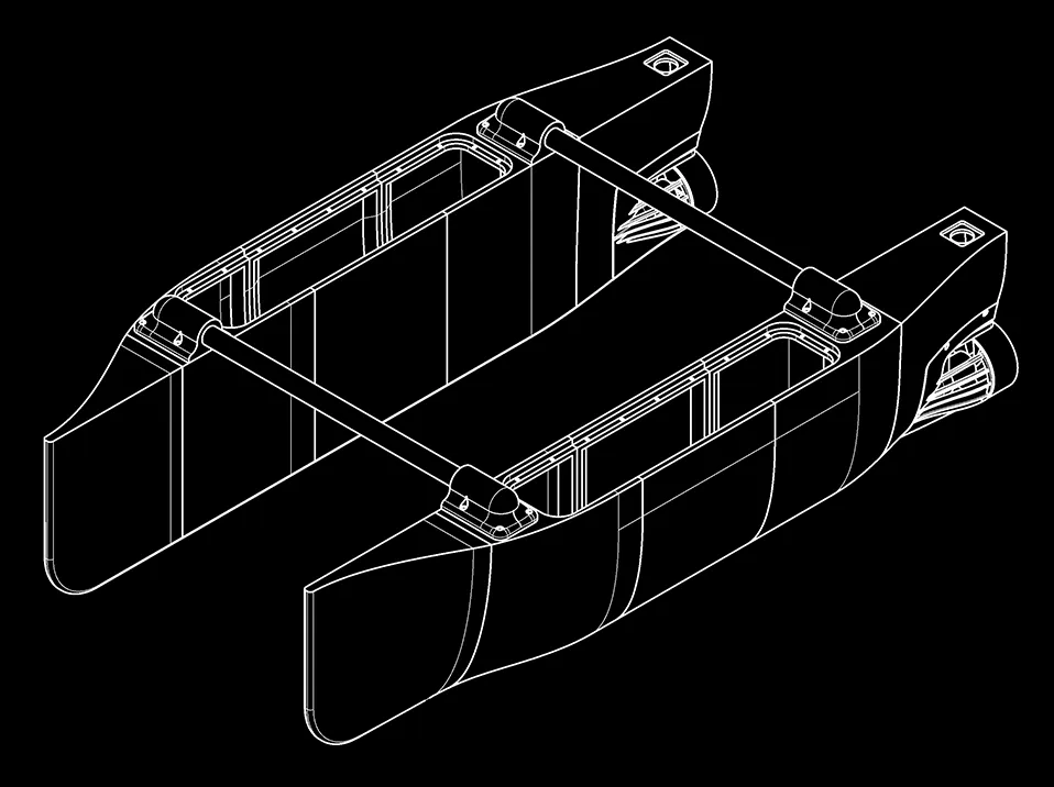 Finished hull with pontoons, deck, and central enclosure